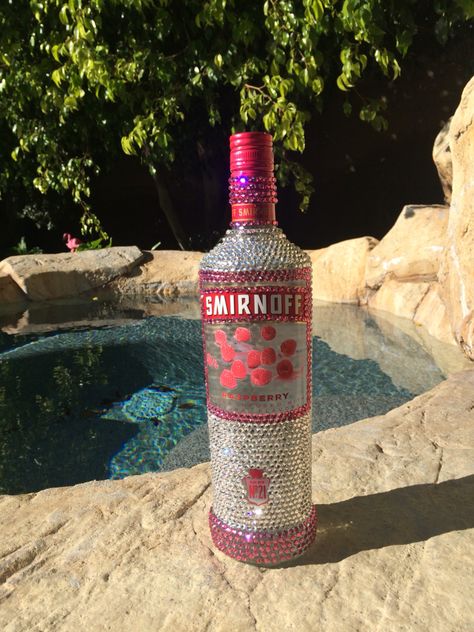 Smirnoff Bottle Crafts, Glittered Alcohol Bottle, Badazled Alcohol Bottles, Sparkly Liquor Bottles, Sparkly Alcohol Bottles, Alcohol Bottles Decoration Ideas, Rhinestone Bottle Alcohol, Decorating Alcohol Bottles, Decorate Alcohol Bottles