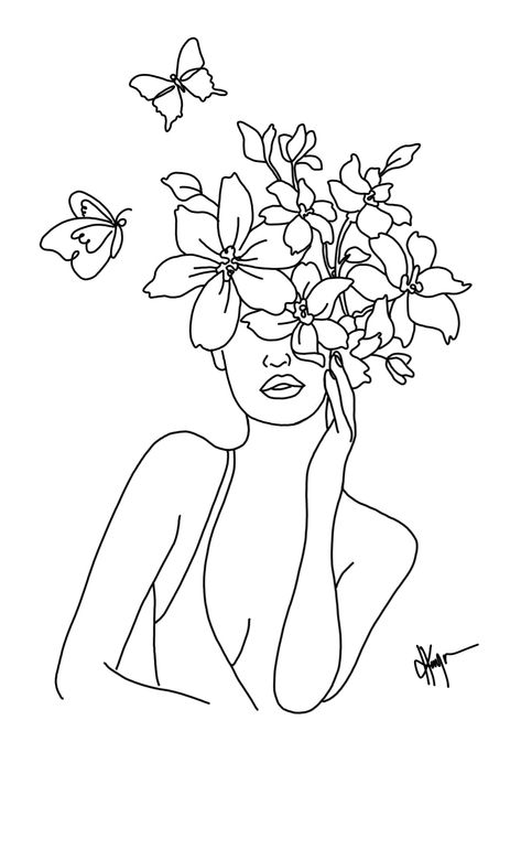 Floral Woman Line Art, Head With Flowers Coming Out Drawing, Line Art Woman Flowers, Flower On Head, Self Love Tattoo, Flower Line Drawings, Fashion Drawing Sketches, Dance Paintings, Flower Silhouette