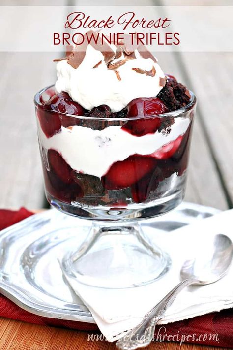 Individual Black Forest Brownie Trifles Recipe: Layers of dense chocolate brownie, homemade cherry pie filling, and fresh whipped cream come together in this decadent layered dessert. #dessert #recipe #chocolate #cherry Homemade Cherry Sauce, Raspberry Trifle, Homemade Cherry Pies, Brownie Trifle, Collagen Recipes, Dessert Mousse, Canning Cherry Pie Filling, Cherry Sauce, Chewy Brownies