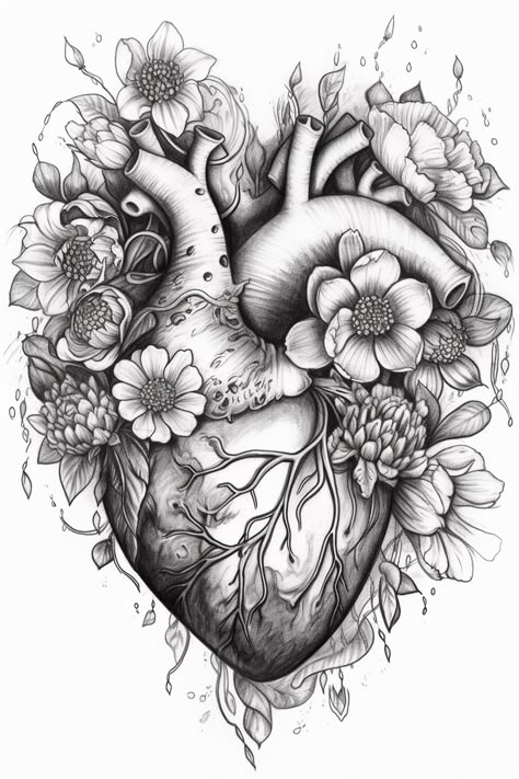 Heart tattoo design, tattoo sketch#2 Human Heart Tattoo, Chest Neck Tattoo, Meaningful Drawing Ideas, Meaningful Drawing, Floral Anatomy, Human Hearts, Heart Tattoo Design, Anatomical Heart Art, Anatomy Tattoo