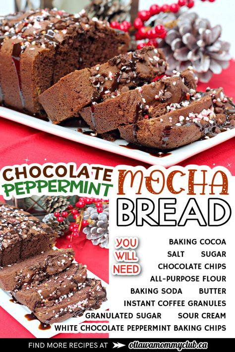 Peppermint Mocha Bread | Ottawa Mommy Club Chocolate Peppermint Quick Bread, Chocolate Peppermint Bread, Mocha Bread Recipe, Loaf Ideas, Mocha Bread, Mini Loafs, Christmas Breads, Bread Gifts, Candied Pecans Recipe