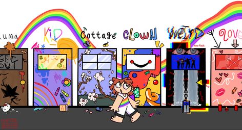 Lots of options here. Choose wisely… or don’t, no real rush actually. Just try to see what ya like. (The white overalls and wall is supposed to represent a blank canvas 😉) #traumacore #kidcore #cottagecore #clowncore #weirdcore #lovecore #core #art Kidcore X Cottagecore, Weird Kid Core, Kidcore Art Aesthetic, Weirdcore Art Drawing, Pfp Kidcore, Weirdcore Sketches, Weirdcore Doodles, Weirdcore Painting, Weird Core Art