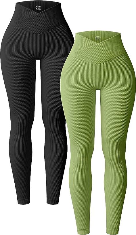 Waist Cross Over Athletic Exercise Leggings Kids Camera, Mode Hippie, Yoga Legging, Exercise Leggings, High Waist Yoga Pants, Workout Sets, Ribbed Leggings, Avocado Green, Workout Outfit