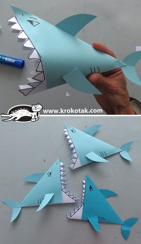 krokotak | PAPER SHARKS Paper Shark Craft, Shark Crafts For Kids, Paper Birds Diy, Paper Shark, Shark Craft, Construction Paper Crafts, Kids Origami, Kids Art Class, Ocean Crafts