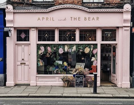 Retail Store Exterior, Pink Store Front Ideas, Japanese Shop Front Design, Retail Facade Shop Fronts, Florist Exterior Shop Fronts, Pink Cafe Exterior Design, Pink Storefront Design, Flowershop Aesthetic Exterior, Coffee Gallery