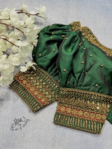 For appointments whatsapp 98433-21228 Butta Blouse Designs For Pattu Sarees, Buff Sleeve Aari Work Blouse, Puff Hands Maggam Work Blouse, Buff Blouse Designs, Butta Hands For Blouses Latest, Buff Sleeve Saree Blouse, Baby Shower Blouse Designs, Bride Blouse Designs, Buff Sleeves Blouse Designs