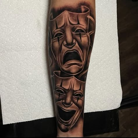 Laugh Now Cry Later Tats, Guys Hand Tattoos, Tattoos For Guys Hand, Clown Face Tattoo, Upper Arm Tattoo Men, Upper Arm Tattoos For Guys, Arm Tattoo Men, Upper Arm Tattoo, Half Sleeve Tattoos Forearm