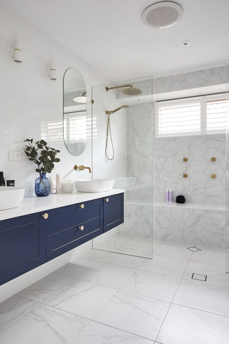 Hampton Style Bathrooms, Navy Bathroom, Blue Bathroom Vanity, Blue Vanity, Upstairs Bathrooms, House Rules, Blue Bathroom, Bathroom Remodeling, Bathroom Renos