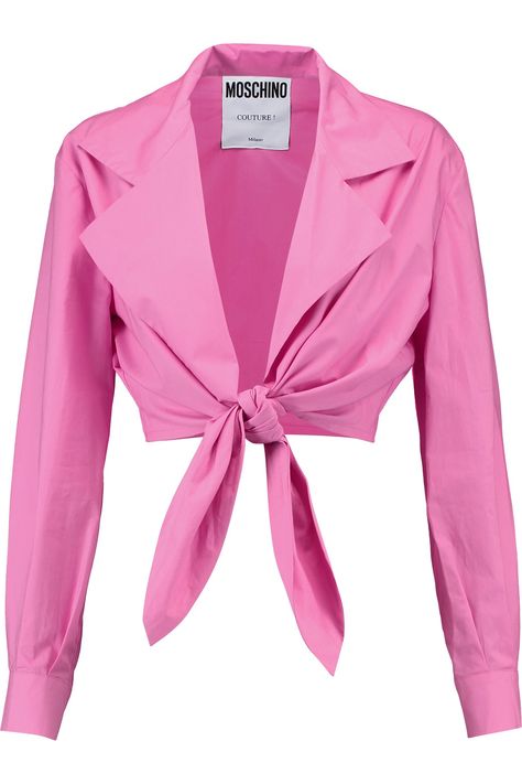 MOSCHINO . #moschino #cloth #top Moschino Clothes, Pink Wrap Top, Wrap Around Top, Cotton Poplin Top, Loose Fit Blouse, Pink Wrap, Poplin Top, Pink Tie, Loose Fitting Tops