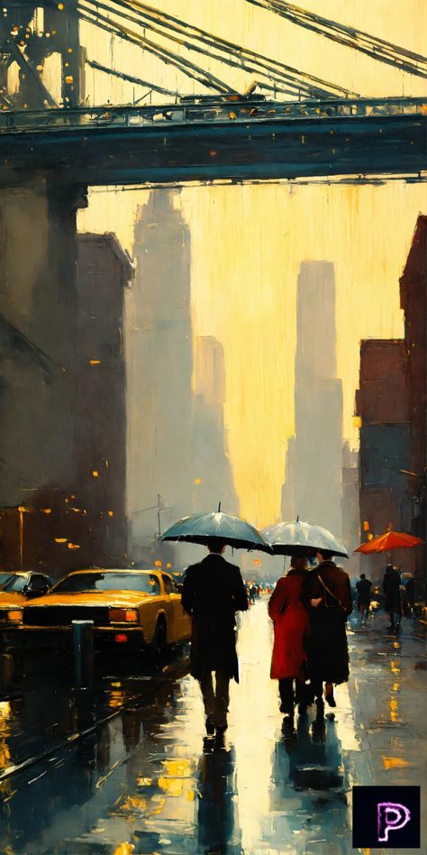 Visualize a New York bridge scene in the rain with people captured in rich oil paint and impasto brushstrokes on canvas. 🎨🌧️   What can you create today?  #PicassoAIArt #AI #Art #OilPainting #Impasto #NewYork Umbrella Architecture, City Art Painting, New York Bridge, Architecture City, Atmospheric Phenomenon, Walking In The Rain, Cool Christmas Trees, Motor Vehicle, Flash Photography