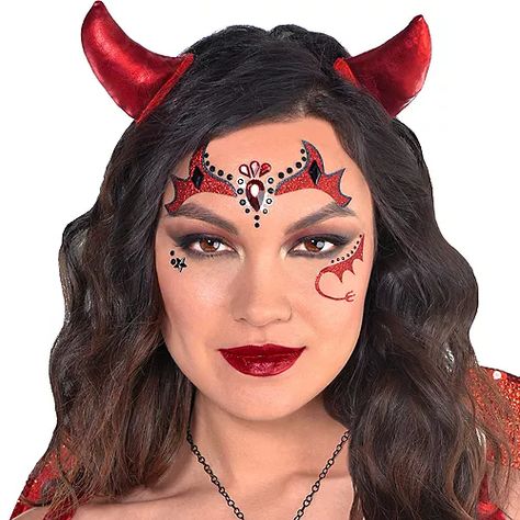 Devil Eye Accessory Kit | Party City Devil Face, Demon Costume, Black Face Paint, Halloween Party Accessories, Party City Costumes, October Crafts, Devil Costume, Face Gems, Face Jewels