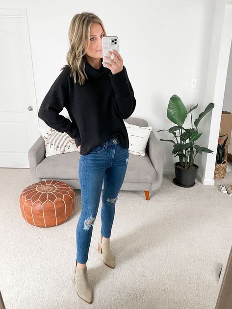 fall fashion | outfit inspo | fall style | black sweater | womens fashion Black Sweater Outfit Women, How To Style A Black Sweater, How To Style Black Sweater, Black Sweater And Jeans Outfit, Black Knit Sweater Outfit, Black Sweater Outfits, Style Black Sweater, Sweater And Jeans Outfit, Black Sweater Outfit