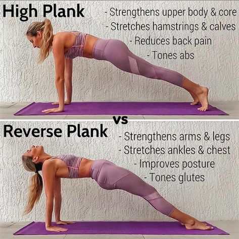 High Plank vs Reverse Plank!! Which do you prefer?! 🙏🏼💛💞 👉🏼 High Plank: 💛 Focuses on strengthening the arms, shoulders, chest upper back and core! Make sure to puff up your upper back and avoid dumping into your lower back. 💛 Stretches out the backside of the legs and is a yummy stretch for your calves if you actively press through your heels! 💛 Helps to reduce back pain.  💛 Is a super effective pose to tone your abs!! Melissa Metrano, Pilates Results, Reverse Plank, Toned Glutes, Workout Fat Burning, High Plank, Skin Care Routine For 20s, Workout Bauch, Pilates Training