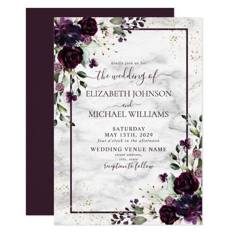 Purple Flower Watercolor, Watercolor Marble, Winter Wedding Photos, Plum Wedding, Purple Wedding Invitations, Gold Watercolor, Fall Wedding Invitations, Flower Watercolor, Photo Wedding Invitations