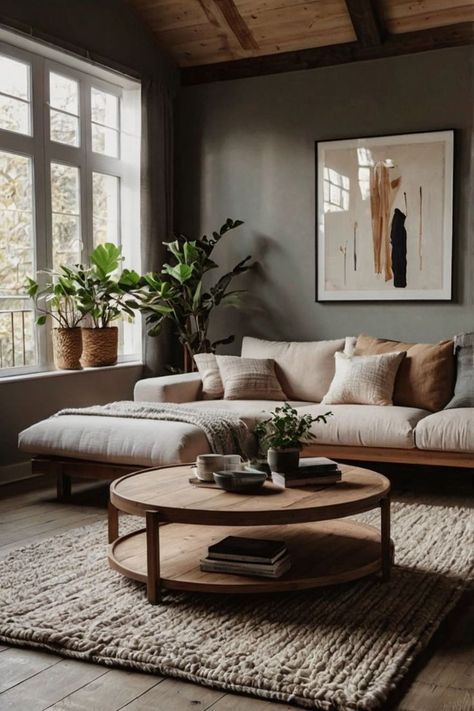 Modern cozy living room with sleek design and warm elements Living Room Inspo Organic Modern, Cozy Living Rooms Neutral, Cozy Living Room Plants, Living Room New Build, Dark Earth Tone Living Room, Modern Comfy Living Room Ideas, Comfy Living Room Ideas Warm Colors, Cozy Moody Living Room, Cosy Studio Apartment