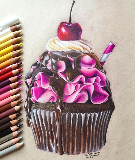 cupcake🍒 - - (repost bc i hated the colored pencil arrangement in the old one) finished cupcake drawing! i really like how this one looks!… Watercolor Pencils Techniques, Cupcake Drawing, Prismacolor Art, Colored Pencil Artwork, Cupcake Art, Oil Pastel Paintings, Oil Pastel Art, Oil Pastel Drawings, 수채화 그림