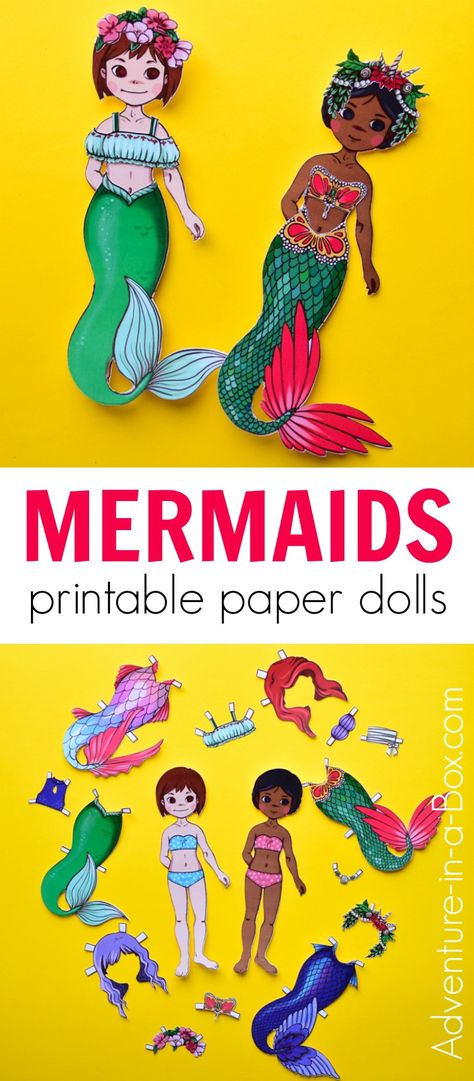 Make mermaid paper dolls from our printable templates! It's the perfect easy % craft for a mermaid party - everyone can cut their own paper mermaid.  #papercrafts #mermaids #kidscrafts #printable Mermaid Paper Dolls, Diy Paper Dolls, Paper Mermaid, Mermaid Printables, Mermaid Crafts, Paper Puppets, Mermaid Diy, Puppet Crafts, Paper Doll Template