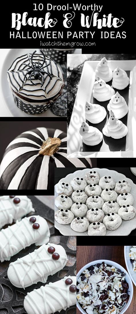 Black And White Halloween Party Decor, White Halloween Food, Chill Halloween Party, Black And White Food Ideas, Ghost Themed Halloween Party, Ghost Party Decorations, Hallowine Party Ideas, Ward Halloween Party Ideas, Black And White Costume Ideas