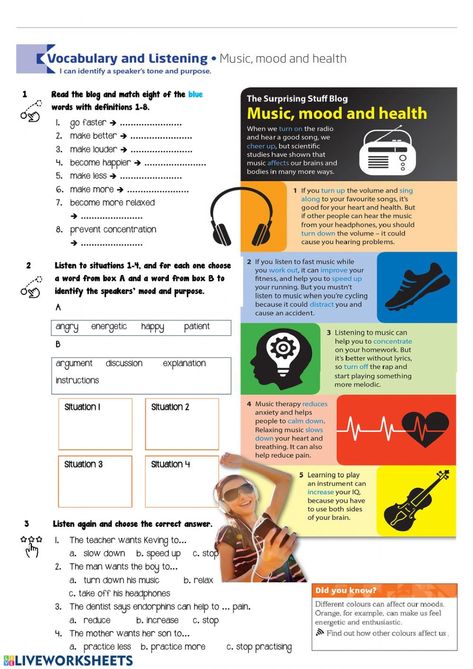 Music And Emotions Activities, Music Vocabulary Worksheet, Technology Worksheets, Esol Activities, Music Listening Worksheet, Listening Worksheet, Music Vocabulary, Health Worksheets, Music Reading