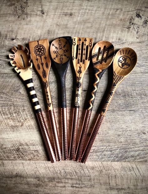 Wood Burned Spoons, Wood Burn Spoons, Pyrography Designs, Hand Carved Walking Sticks, Wood Burn Designs, Spoon Art, Copper Handles, Pyrography Art, Wood Burning Crafts