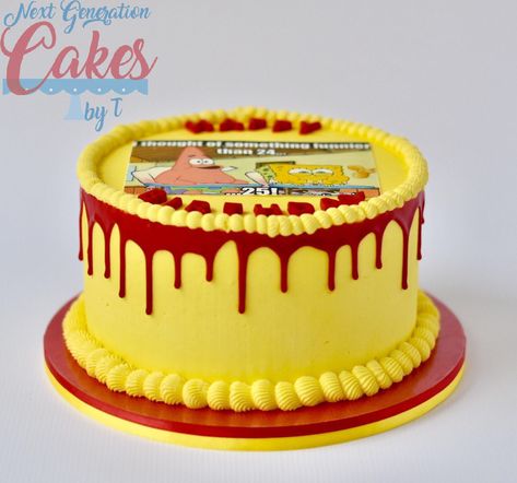 Red And Yellow Cake Design, Red And Yellow Cake, Yellow Buttercream Cake, Sponge Bob Birthday Cake, Sponge Bob Birthday, Sprinkle Drip Cake, Spongebob Birthday, Red Chocolate, Cake Decorating Ideas