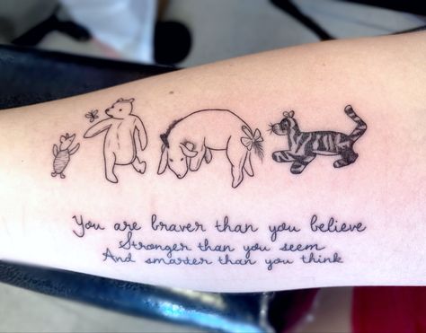 My latest tattoo of winnie the pooh and friends with a quote from the book Winnie The Pooh Mother Daughter Tattoo, Tattoo Ideas Winnie The Pooh, Winnie The Pooh Quotes Tattoo, Winnie The Pooh And Friends Tattoo, Winnie The Pooh Tattoo Quotes, Tattoos Winnie The Pooh, Disney Quote Tattoos, Winnie The Pooh Tattoo Ideas, Pooh Bear Tattoo