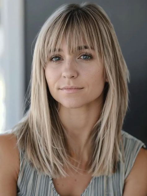 32 Medium-Length Haircuts with Bangs for Every Face Shape Hairstyle With Fringe Medium, Wispy Bangstyle Hair Medium, Bangs High Forehead, Over 50 Haircuts Medium Lengths, Medium Length Haircut With Fringe, Layers For Medium Length Hair With Bangs, Straight Haircut With Bangs, Face Framing Bangs Medium Hair, Medium Length Hair With Fringe