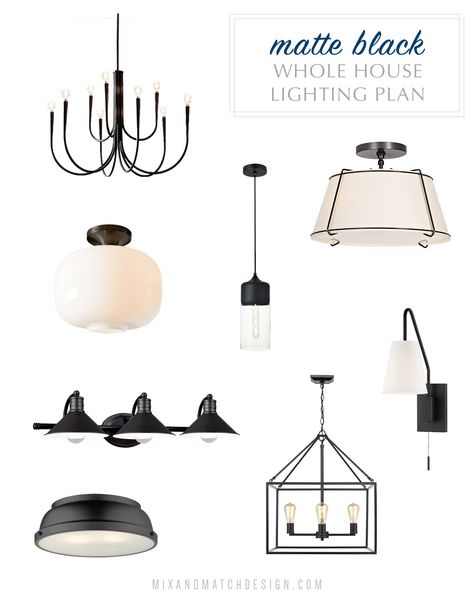 One question I get asked pretty frequently is how do you choose light fixtures that coordinate with each other? This question comes up particularly in the context of open floor plans when you can see multiple light fixtures throughout out the space. This lighting plan in matte black will get you started! House Lighting Plan, Coordinating Light Fixtures, Vintage Industrial Lighting, House Lighting, Black Light Fixture, Lighting Plan, Kitchen Lighting Fixtures, Lighting Design Interior, Farmhouse Lighting