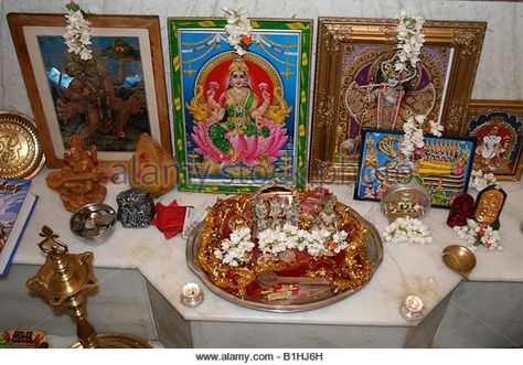 Hindu Home Shrine [Hindu] Home Shrine, Puja Table, Home Altar, Small House, Building Blocks, Worship, Table Settings, Candles, India