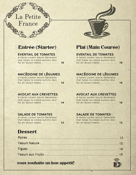 Vintage French cafe menu template French Food Menu Design, Vintage Cafe Menu Design, French Cafe Menu Design, French Menu Card, French Menu Design, Vintage Menu Design, French Restaurant Menu, French Cafe Menu, Cafe Menu Template