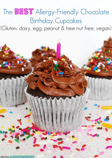 Chocolate Birthday Cupcakes, Dairy Free Cupcakes, Nut Free Desserts, Allergy Friendly Desserts, Allergy Recipes, Vegan Cupcakes, Gluten Free Dessert, Allergy Free Recipes, Allergy Friendly Recipes