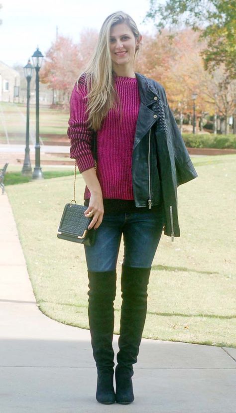 Fall/winter style inspiration by TeodorasLookbook.com; magenta sweater, over-the-knee boots, dark denim, leather jacket Magenta Sweater Outfit Winter, Magenta Sweater Outfit, Sweater Outfit Winter, Denim Leather Jacket, Winter Style Inspiration, Turtleneck Sweater Outfit, Turtleneck Outfits, Magenta Sweater, Fall Winter Style