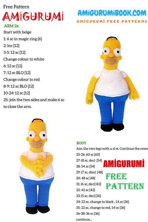 Homer Simpson Amigurumi Free Pattern – Amigurumibook.com Homer Simpson Crochet Pattern Free, All Cartoon, All Cartoon Characters, Free Amigurumi Crochet Patterns, Crocheting Patterns, Crochet Animals Free Patterns, Homer Simpson, Crochet Keychain, Amigurumi Free