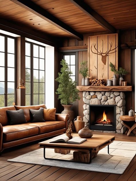 Transform Your Space with Rustic Living Room Decorating Ideas Alpine Living Room, Rustic Living Room Decorating Ideas, Diy Wall Garden, Old House Living Room, Wall Garden Ideas, Cozy Rustic Living Room, Alpine Decor, Leather Interior Design, Panel Walls