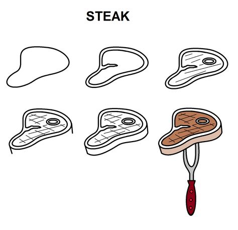 Step-by-step tutorial to draw a steak Steak Drawing Easy, Step By Step Food Drawings, How To Draw Meat, Meat Drawing Easy, Steak Drawing, Meat Drawing, Ancient Rome Projects, Chef Tattoo, Baby Tree