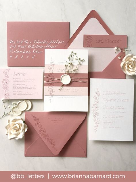 Custom dusty rose wedding invitations for the romantic and elegant, featuring floral details and shades of pink, and calligraphy envelopes. Wedding Invites Dusty Pink, Mauve Wedding Invitations Dusty Rose, Canyon Rose Wedding Invitation, Dusty Pink Invitation Wedding, Pastel Pink Wedding Invitations, Romantic Theme Wedding Invitations, Blush Dusty Rose Wedding, Mauve Invitations Wedding, Pink Gold Wedding Invitations