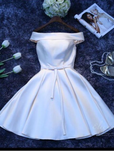 Off the Shoulder Short Satin Homecoming Dress Hoco Satin Homecoming Dresses, Simple Homecoming Dresses, Short Satin, Satin Homecoming Dress, Make Your Own Dress, A Line Shorts, Dress Satin, Simple White, Homecoming Dress