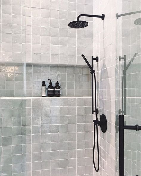 Keeping things classic in the pool house bathroom of our Los Feliz project with zellige tile and matte black plumbing fixtures. #proemstudio Proem Studio, Black Hardware Bathroom, Matte Black Bathroom Fixtures, Tile Interior Design, Black Bathroom Fixtures, Pool House Bathroom, Tile Interior, Patterned Bathroom Tiles, Shower Plumbing