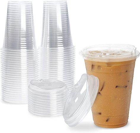 Amazon.com: [50 Pack] Disposable Strawless Plastic Cups with Lids - 24 Oz Clear Plastic Cups and Sippy Cups Lids, Perfect Eco-Friendly To Go Cups for Iced Coffee, Smoothies, Soda Party Drinks and Cafe Essentials: Kitchen & Dining Cafe Essentials, Plastic Cups With Lids, Plastic Coffee Cups, Kitchen Essentials List, Clear Plastic Cups, Desain Pantry, Cups With Lids, Clear Cups, Produk Apple