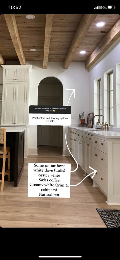 Cased Opening Into Kitchen, Traditional To Modern Makeover, White Trim Vs Painted Trim, Contrast Trim Kitchen, Drop Cloth Paint Color, White Walls Cream Cabinets, Swiss Coffee Cabinets Kitchen, Bm Pale Oak Cabinets, Modern Organic Paint Colors