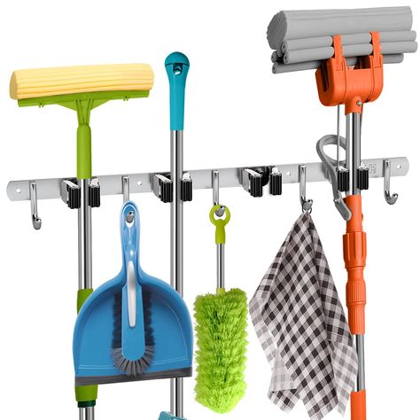 Broom Closet Organizer, Mop And Broom Holder, Broom Storage, Broom Hanger, Steel Storage Rack, Tool Hangers, Broom Closet, Garden Tool Organization, Mop Holder