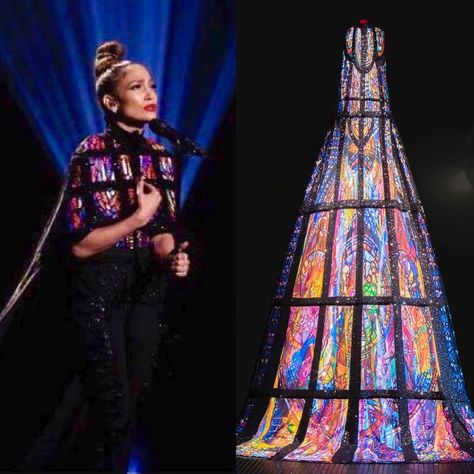 MICHAEL CINCO Dubai on Instagram: “JENNIFER LOPEZ @jlo wore this 20-foot long hand painted stained-glass cape full of Swarovski crystals and is now on exhibit at SCAD Museum…” Stained Glass Clothes, Stained Glass Fashion, Stained Glass Dress, Michael Cinco, High Fashion Makeup, Church Music, Rave Bra, Fairy Makeup, Fantasy Hair