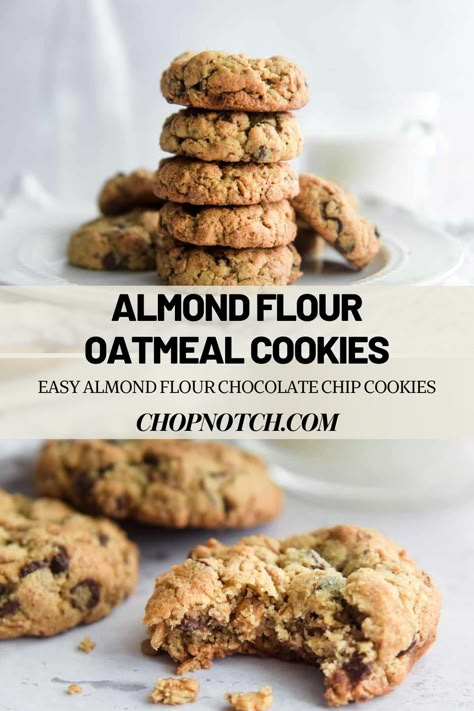 These Gluten-Free Almond Flour Oatmeal Cookies are easy almond flour chocolate chip cookies to make at home! They are simple almond flour desserts. They’re gluten-free cookies made with blanched almond flour and gluten-free oats. So even if you avoid gluten, you can still rustle up a great batch of oatmeal cookies and enjoy them warm from the oven. #GlutenFreeDesserts #AlmondFlourDesserts #EasyDesserts #Cookies #OatmealCookies Almond Flour Oatmeal Cookies, Almond Flour Oatmeal, Almond Flour Chocolate Chip Cookies, Gf Snacks, Fast Easy Desserts, Oatmeal Cookies Easy, Healthy Oatmeal Cookies, Almond Flour Cookies, Baking With Almond Flour