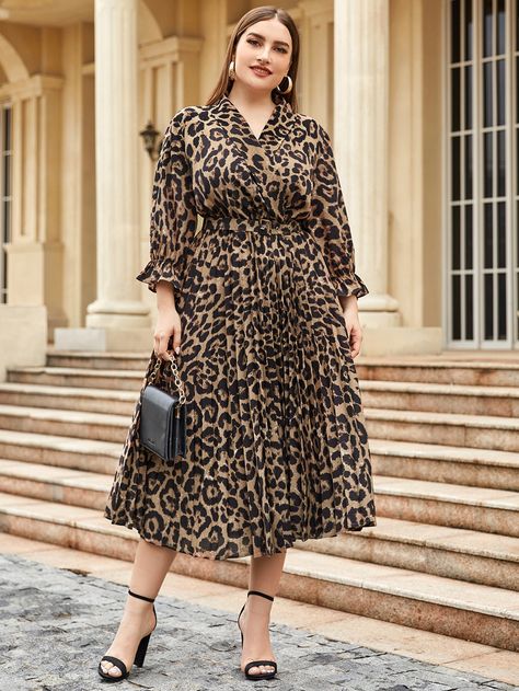 High Low Prom Dresses, Night Dress For Women, Leopard Dress, Stylish Plus, Flounce Sleeve, Curvy Outfits, Teenage Fashion Outfits, Shawl Collar, Classy Outfits