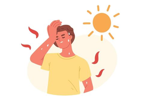 Unbearable heat and exhausted concept. Young man suffering from heat stroke symptom, sweat, high body temperature, dehydration, perspire and headache. Flat vector illustration Heat Exhaustion, Literature Art, Dehydration, Flat Vector, Body Temperature, Health Diet, Headache, The Body, Vector Free