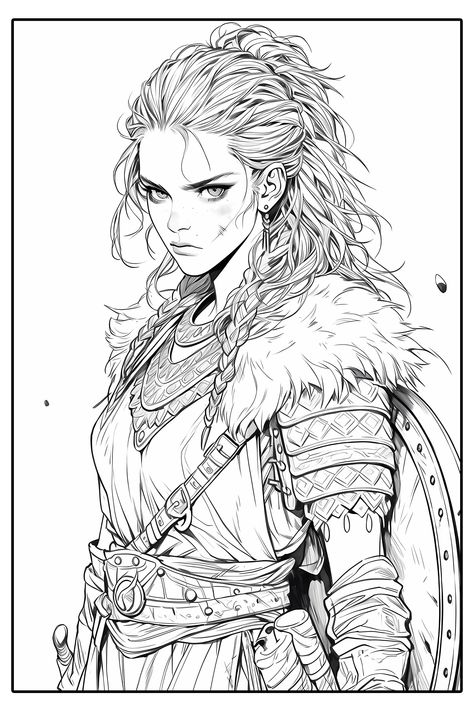 Viking Warrior Woman Drawing, Scottish Drawings, Female Warrior Drawing, Viking Art Drawing, Viking Drawings, Color Drawing Art, Asoiaf Art, Adult Coloring Designs, Disney Coloring Pages