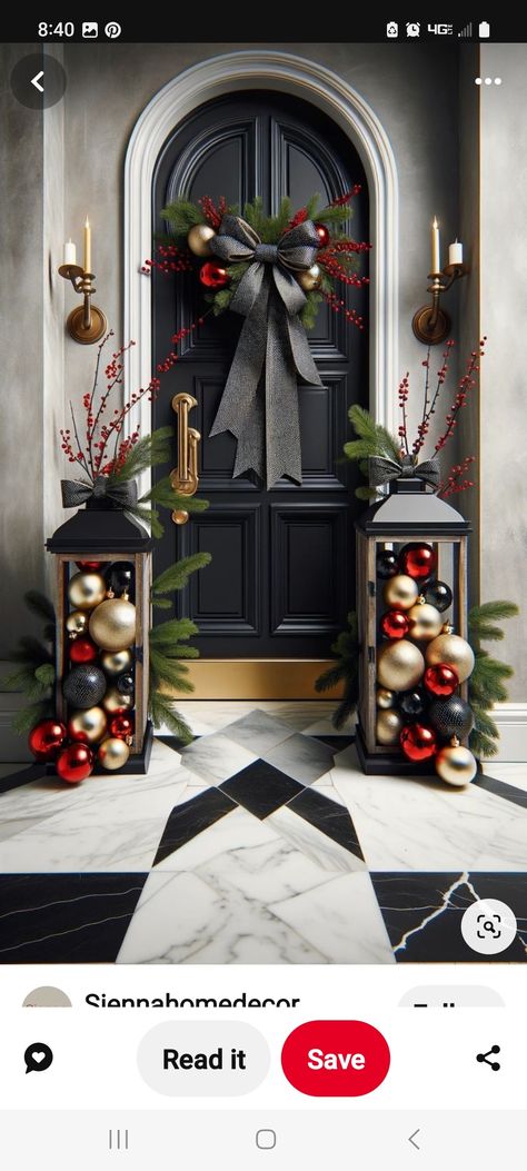 Black Front Door Christmas Decor, Black Gold And Red Christmas Decor, Black And White Christmas Porch, Classy Christmas Outdoor Decor, Red White And Black Christmas Decor, Red White Black Christmas Tree, Hotel Lobby Christmas Decor, Double Door Christmas Decor, Christmas Front Door Ideas