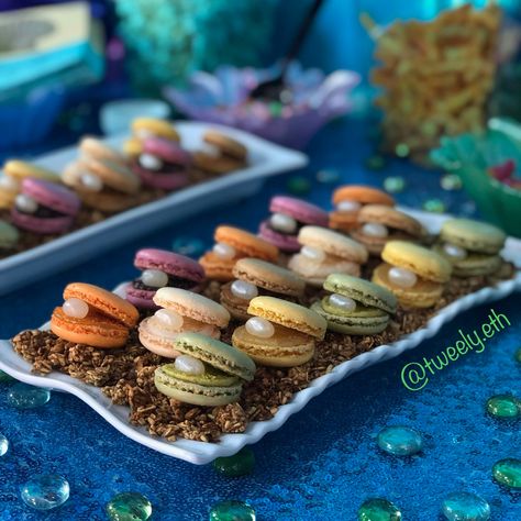 Ocean Pretzel Rods, Clamshell Macarons, Oyster Macarons, Clam Macarons, Pearl Macarons, Ocean Desserts, Beach Charcuterie, Beach Bday, Movie Recipes