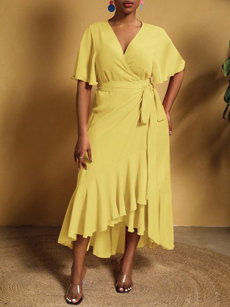 Yellow Casual Collar Short Sleeve Woven Fabric Plain A Line Embellished Slight Stretch  Women Plus Clothing Yellow Flowy Dress, Yellow Dress Casual, Plus Size Summer Casual, Satin Pj Set, Ruffle Sleeve Dress, Estilo Hip Hop, Lightweight Dress, Dress Yellow, Plus Size Summer