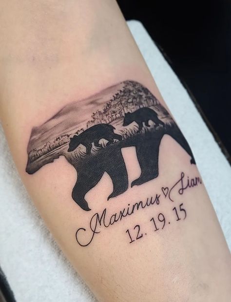 Matching Bear Tattoos Couples, Mom Bear And Cubs Tattoo, Momma Bear Tattoo For Women, Mama Bear And Her Cubs Tattoo, Tattoo For Twins Mom, Mom Of Twins Tattoo Ideas, Two Bear Cubs Tattoo, Mom And Two Sons Tattoo, Wild Animal Tattoos For Women